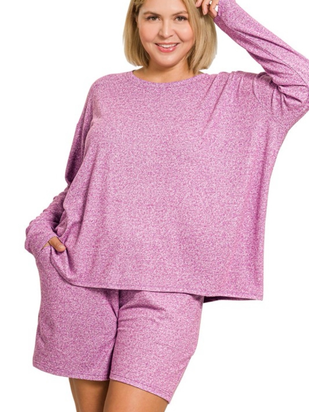 Zenana Outfitters Hacci Pink Heathered Lounge Top & Shorts Set